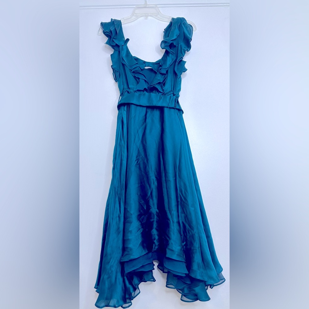 Teal Ruffled V-Neck Midi Dress